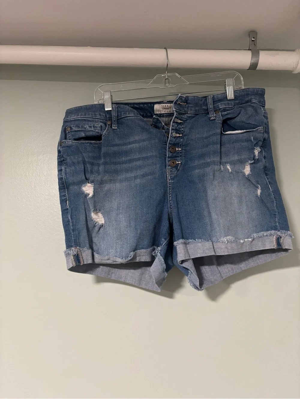 torrid Button-Fly Distressed Jean Shorts in Blue